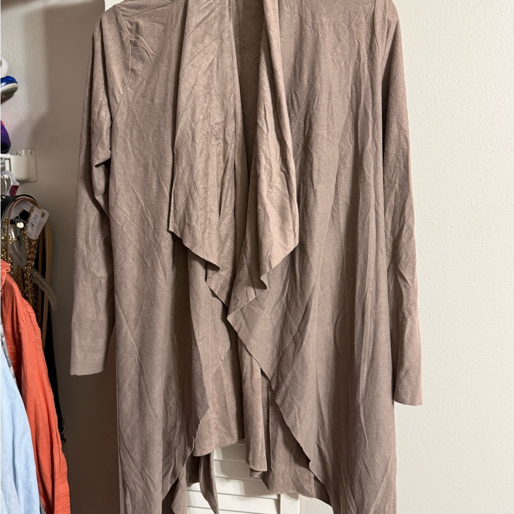 Tan Open-Front Cardigan With Tie Belt